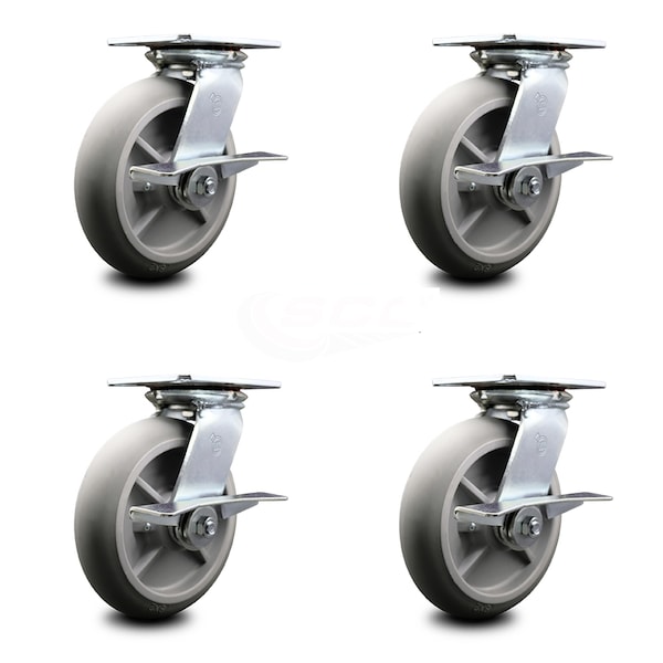 8 Inch Heavy Duty Thermoplastic Caster Set with Ball Bearings and Brakes SCC